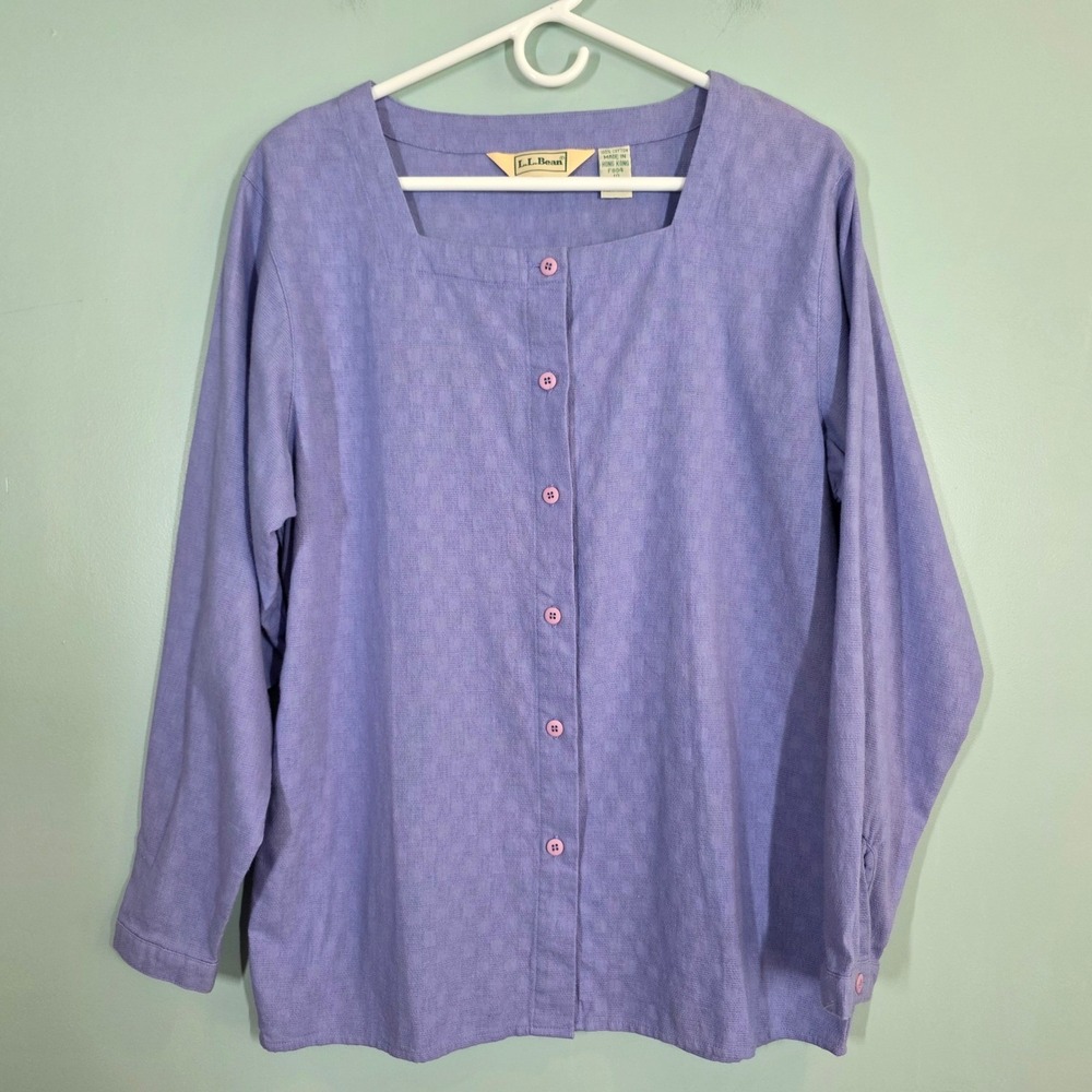 LL Bean Womens Periwinkle Blue Cotton Square Neck Button Down Top Size 10 F804